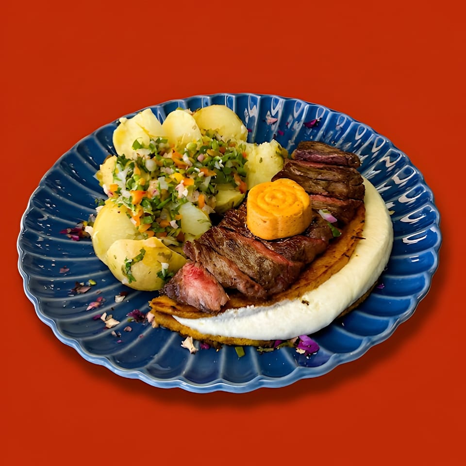 Sliced steak with a dollop of orange butter, boiled potatoes, and chopped vegetables on a blue plate.