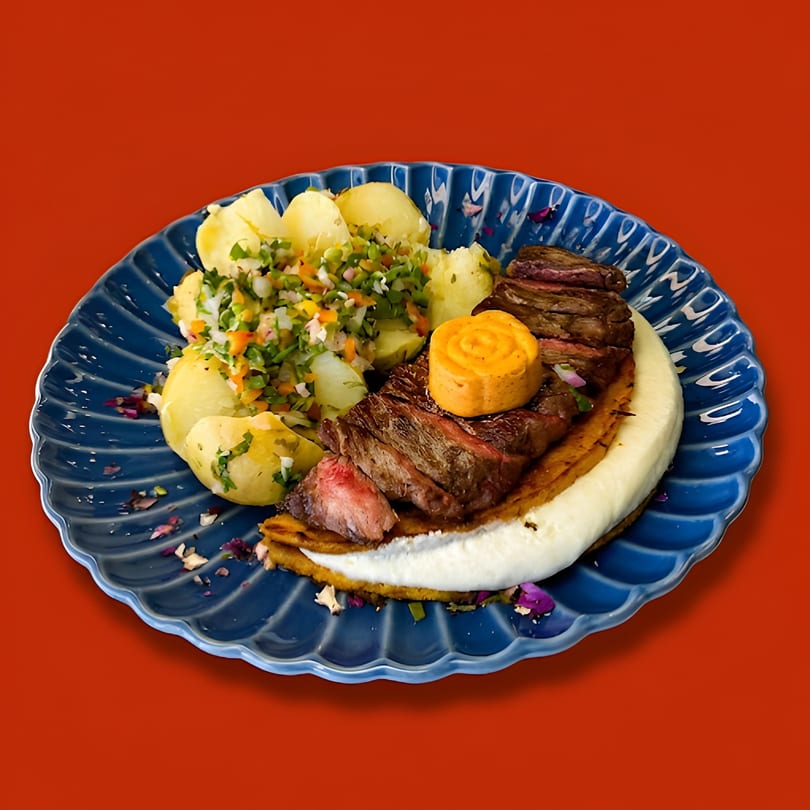 Sliced steak with a dollop of orange butter, boiled potatoes, and chopped vegetables on a blue plate.